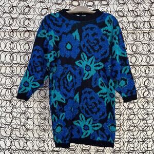 Vintage 80s 90s Metallic Floral Blue Black Knit Tunic Sweater S/M